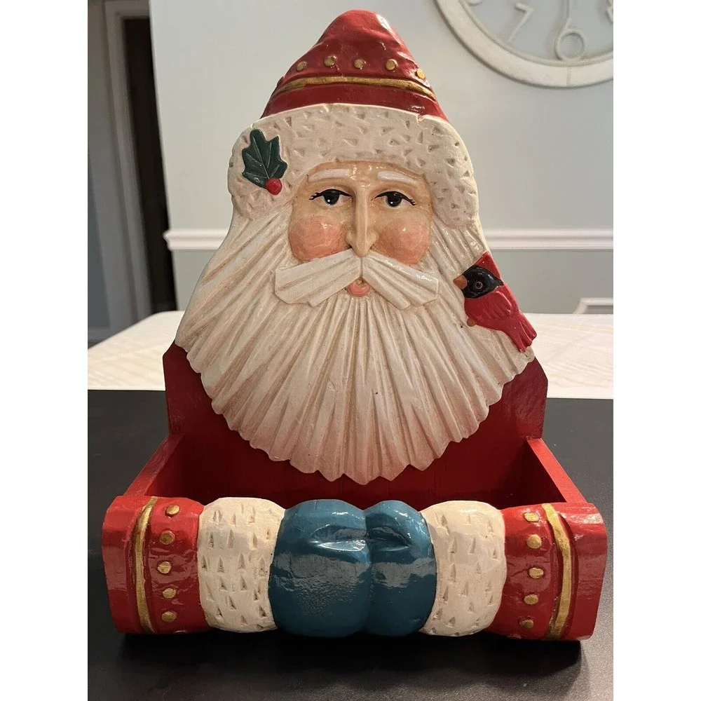 Old Fashioned Traditional Santa & Cardinal Painted Wood Card Box farmhouse